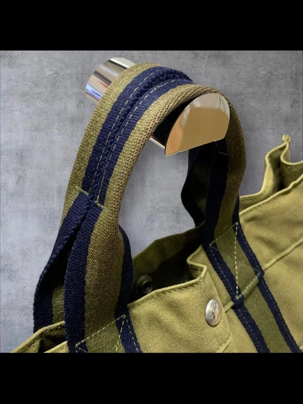 Hermes Olive Green Canvas Tote with Navy Stripe Handles